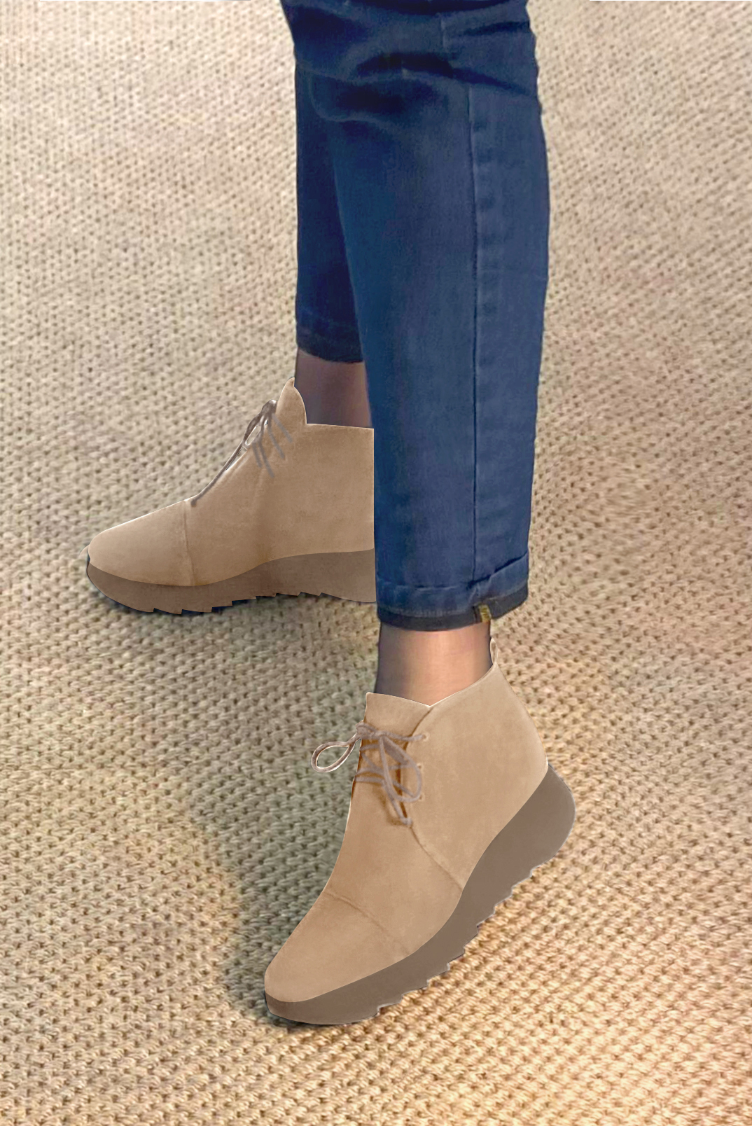 Tan beige women's ankle boots with laces at the front. Square toe. Low rubber soles. Worn view - Florence KOOIJMAN